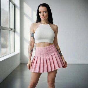 Pink ✦ Pleated High Waist Grid Mini Skirt ✦ Skort Style Side Button S